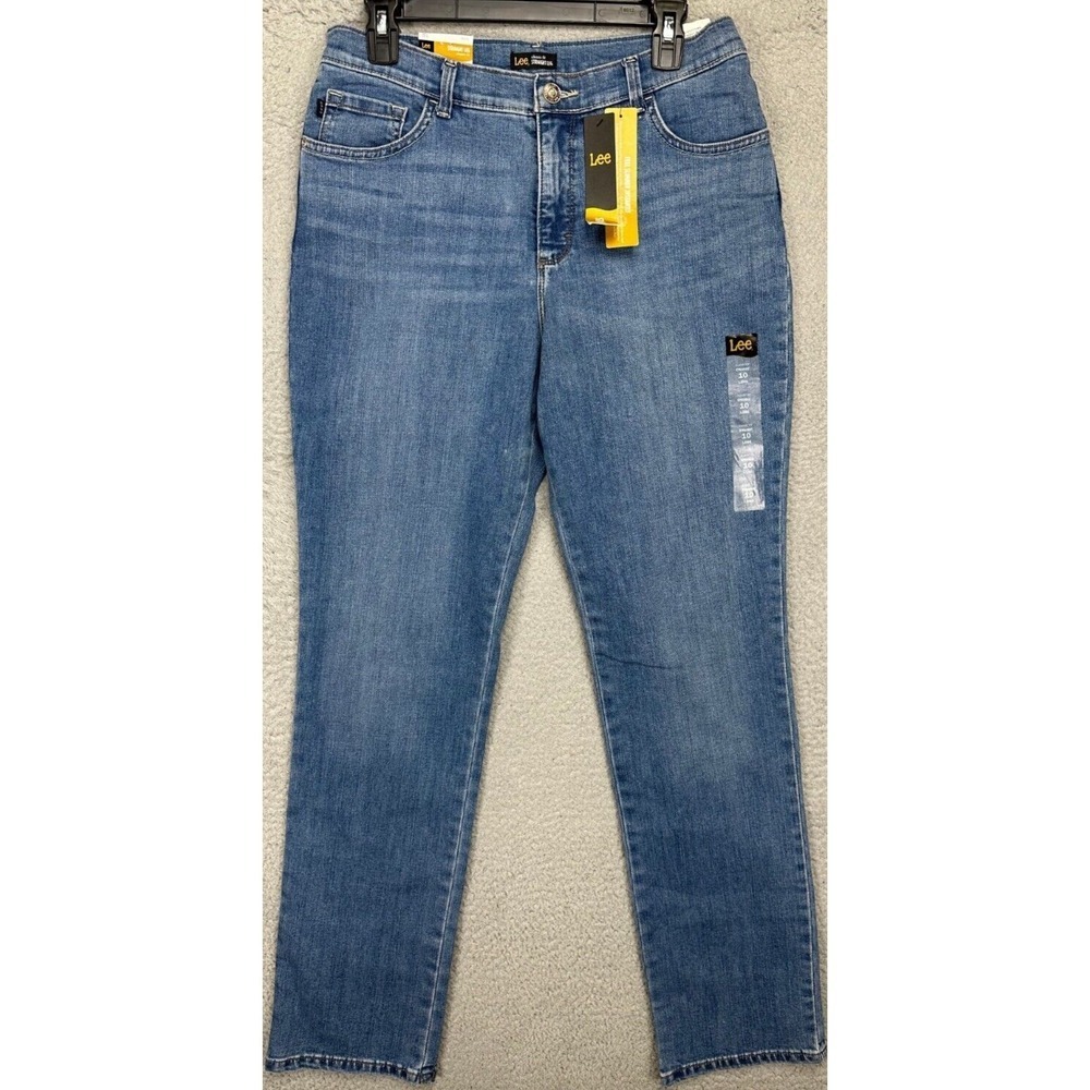 Lee Jeans Womens 10 Long Blue Distressed Classic Fit Straight Stretch Denim NEW